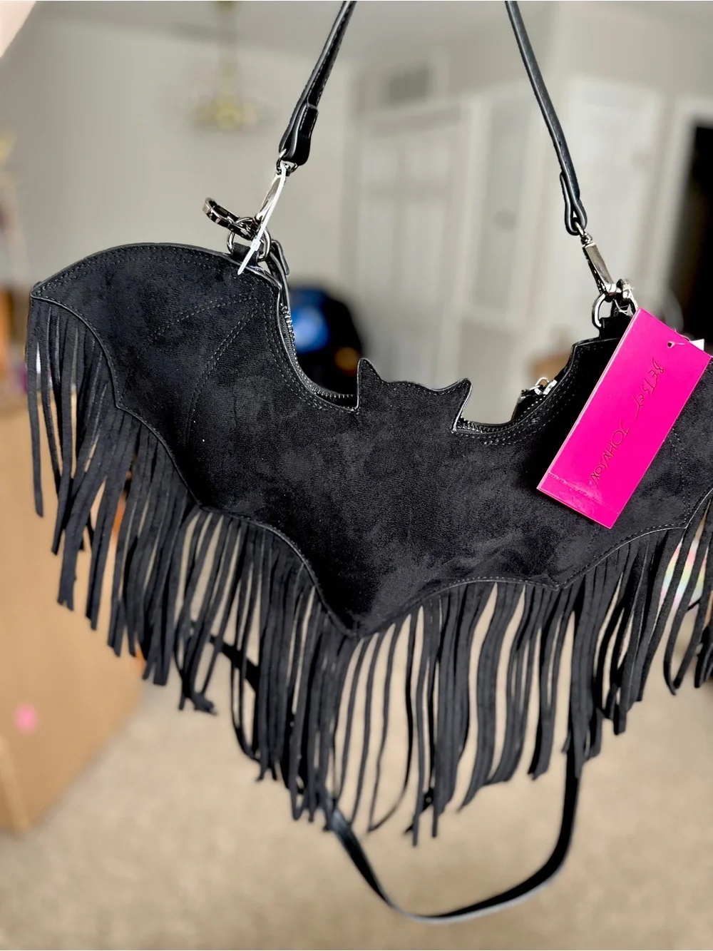 Betsey Johnson Black Fringe Halloween Bat-Shaped Shoulder Bag! 🦇